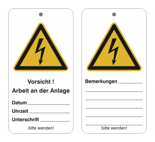 Wartungsanhänger mit Sicherheitszeichen Vorsicht! Arbeit an der Anlage inkl. Befestigungsbänder