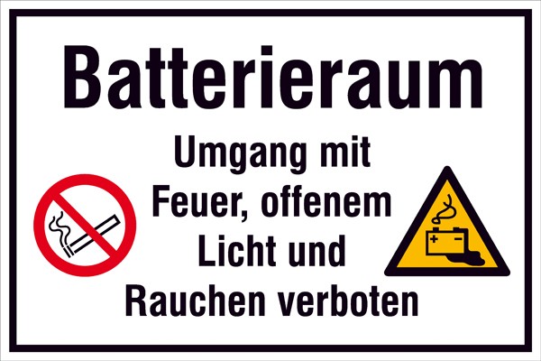 Hinweisschild Batterieraum Umgang mit Feuer, offenem Licht und Rauchen verboten