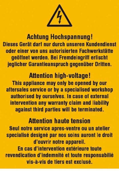 Warn-Kombischild Achtung Hochspannung! Dieses Gerät darf nur durch unseren Kundendienst... 3-sprachi