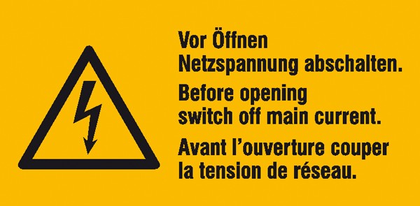 Warn-Kombischild Vor Öffnen Netzspannung abschalten 3-sprachig (D/GB/F)