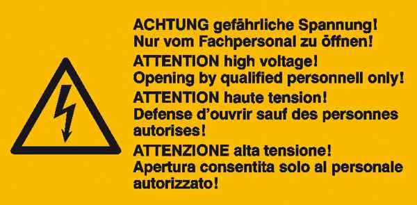 Warn-Kombischild Achtung gefährliche Spannung! Nur von Fachpersonal zu öffnen 4-sprachig (D/GB/F/I)