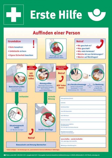 Aushang - Berufsgenossenschaft Anleitung zur Ersten Hilfe bei Unfällen